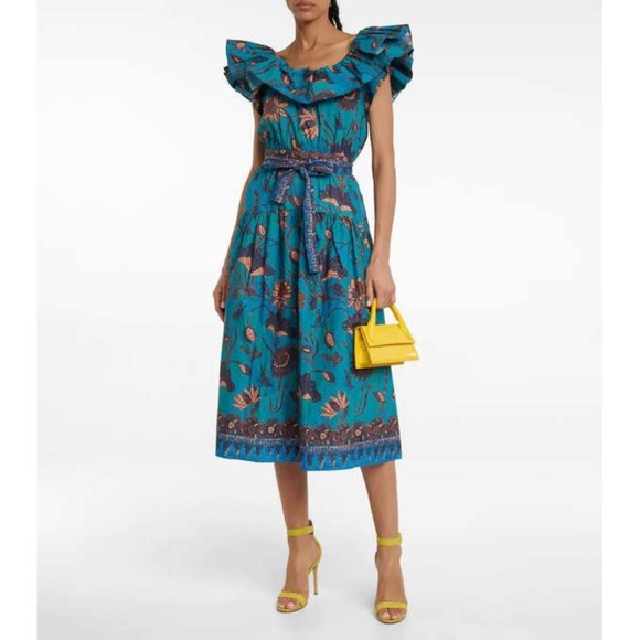 Ulla Johnson Amira Blue Floral Midi Dress with Ruffle Sleeves in Lagoon - Size 4 - Picture 1 of 14